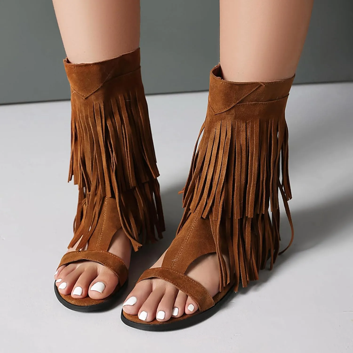 Womens Summer Tassel Mid Calf Boots Flat Roman Gladiator Sandals US3-US13.5