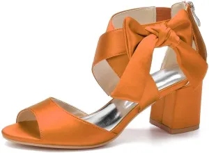 Womens Wedding Shoes Women's Low Block Heel Sandals Satin Bridal Chunky Ankle Strap Zipper Wedding Dress Shoes Low Heel Pump(Orange,5)
