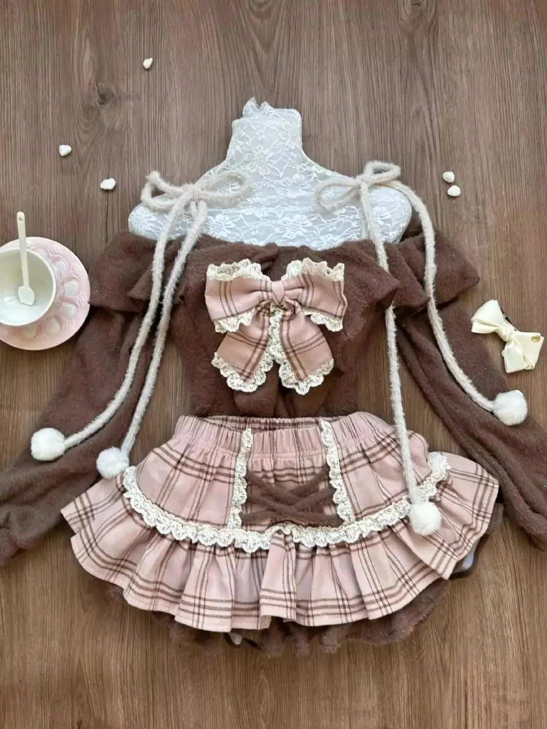 Women's Y2K Kawaii 2-Piece Set - Long Sleeve Bow Top & Mini Skirt Retro Emo Aesthetic Separable Outfit