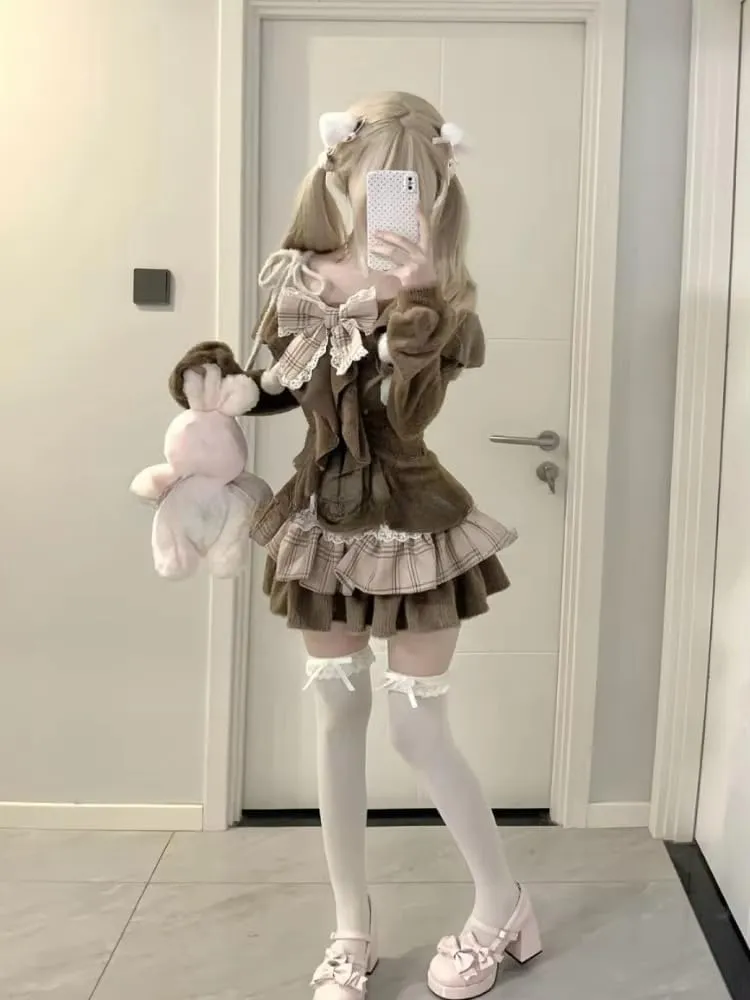 Women's Y2K Kawaii 2-Piece Set - Long Sleeve Bow Top & Mini Skirt Retro Emo Aesthetic Separable Outfit