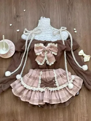 Women's Y2K Kawaii 2-Piece Set - Long Sleeve Bow Top & Mini Skirt Retro Emo Aesthetic Separable Outfit