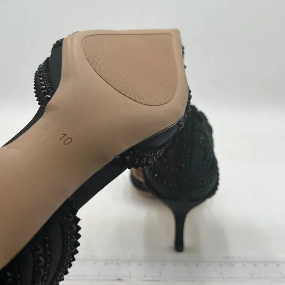XYD Black Pointed Toe D'Orsay Kitten Low Heel Rhinestone Studs Pump Satin Shoes