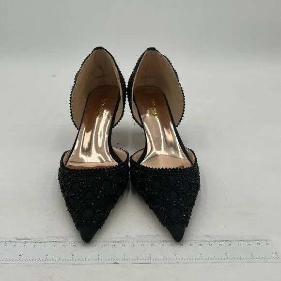 XYD Black Pointed Toe D'Orsay Kitten Low Heel Rhinestone Studs Pump Satin Shoes