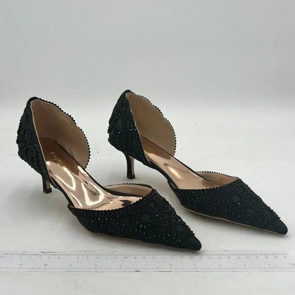 XYD Black Pointed Toe D'Orsay Kitten Low Heel Rhinestone Studs Pump Satin Shoes