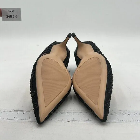 XYD Black Pointed Toe D'Orsay Kitten Low Heel Rhinestone Studs Pump Satin Shoes