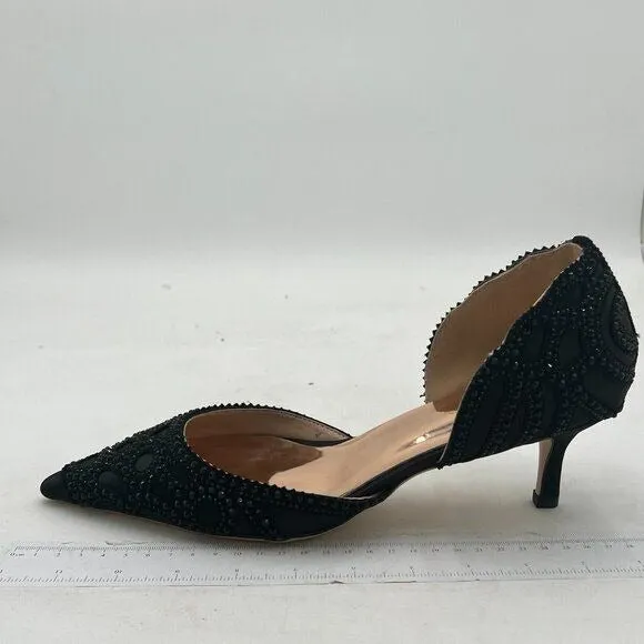 XYD Black Pointed Toe D'Orsay Kitten Low Heel Rhinestone Studs Pump Satin Shoes
