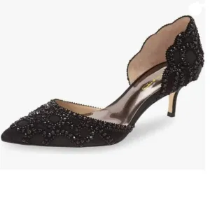 XYD Black Pointed Toe D'Orsay Kitten Low Heel Rhinestone Studs Pump Satin Shoes