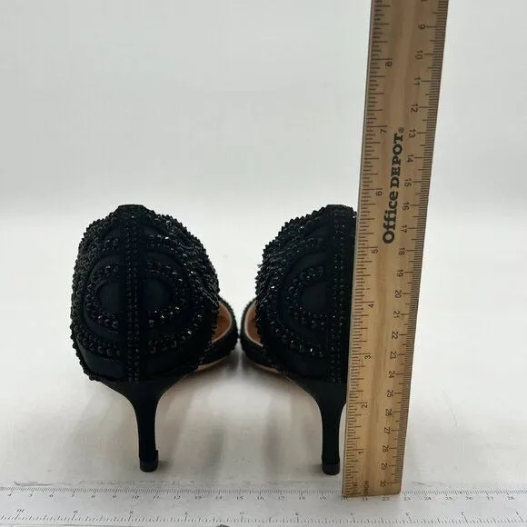 XYD Black Pointed Toe D'Orsay Kitten Low Heel Rhinestone Studs Pump Satin Shoes