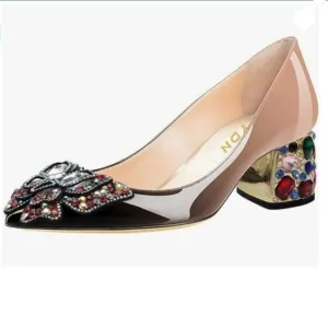 YDN Black Nude Pointed Toe Bow Pump Rhinestone Block Low Heel Butterfly Shoe