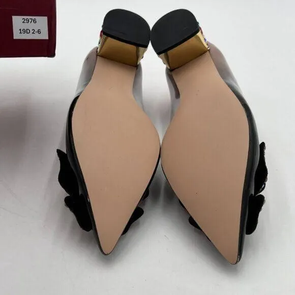 YDN Black Nude Pointed Toe Bow Pump Rhinestone Block Low Heel Butterfly Shoe