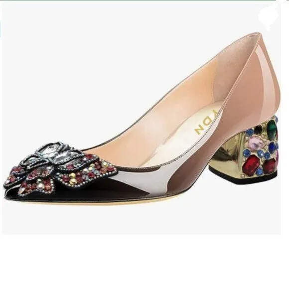 YDN Black Nude Pointed Toe Bow Pump Rhinestone Block Low Heel Butterfly Shoe