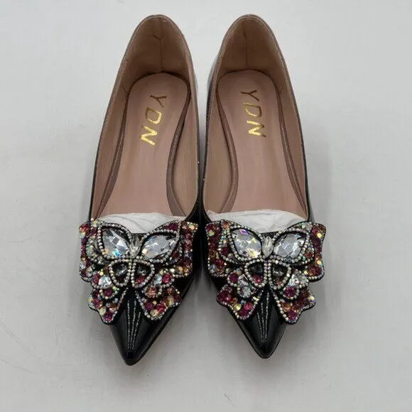 YDN Black Nude Pointed Toe Bow Pump Rhinestone Block Low Heel Butterfly Shoe
