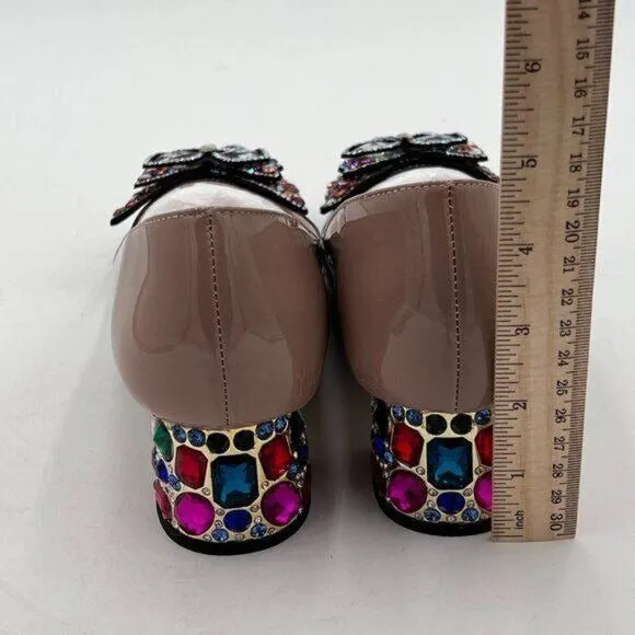 YDN Black Nude Pointed Toe Bow Pump Rhinestone Block Low Heel Butterfly Shoe