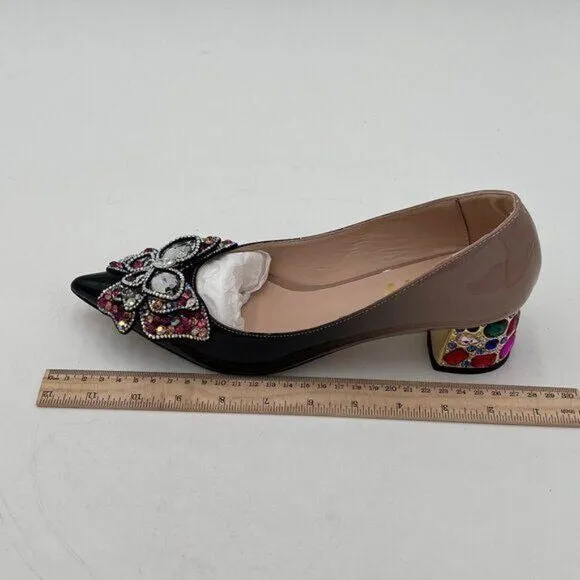 YDN Black Nude Pointed Toe Bow Pump Rhinestone Block Low Heel Butterfly Shoe