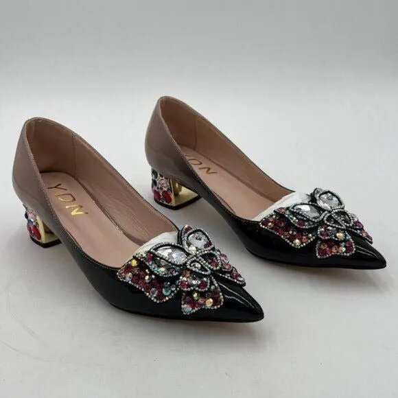 YDN Black Nude Pointed Toe Bow Pump Rhinestone Block Low Heel Butterfly Shoe