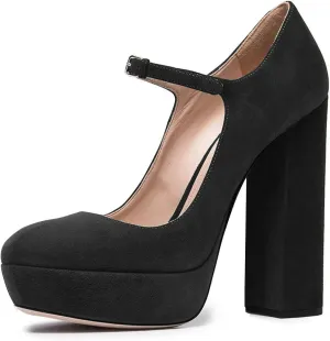 YDN Women Chunky High Heel Mary Jane Closed Almond Toe Pumps Platform Straps Dress Prom Shoe with Buckle