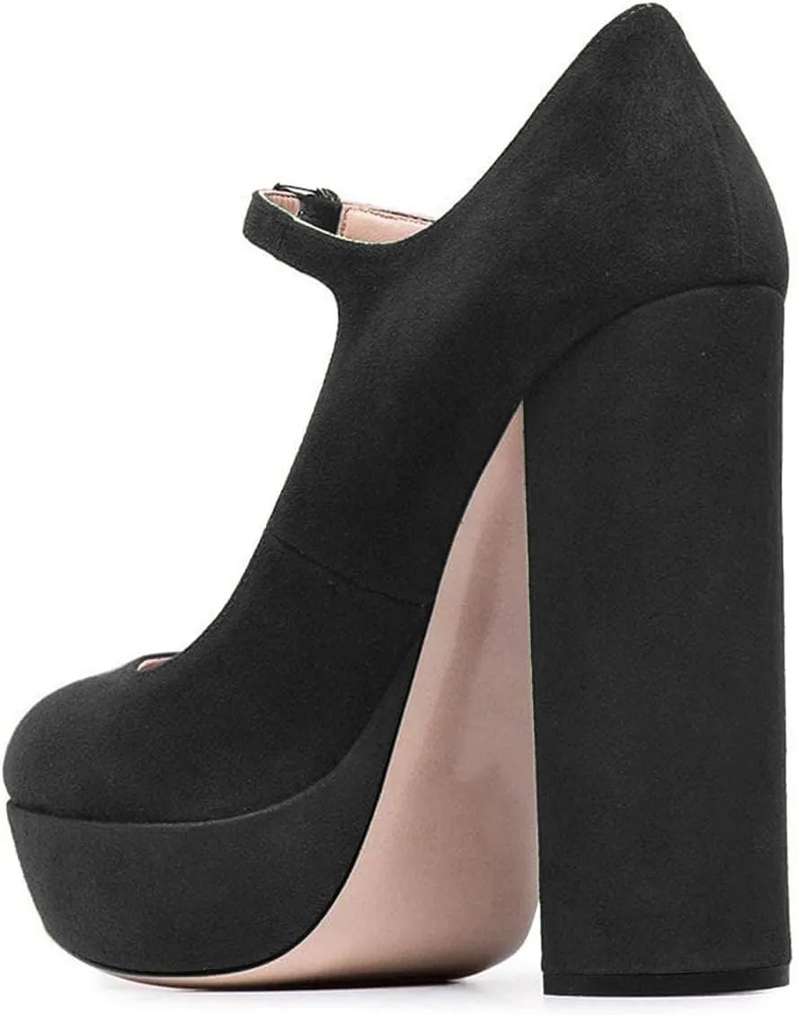 YDN Women Chunky High Heel Mary Jane Closed Almond Toe Pumps Platform Straps Dress Prom Shoe with Buckle