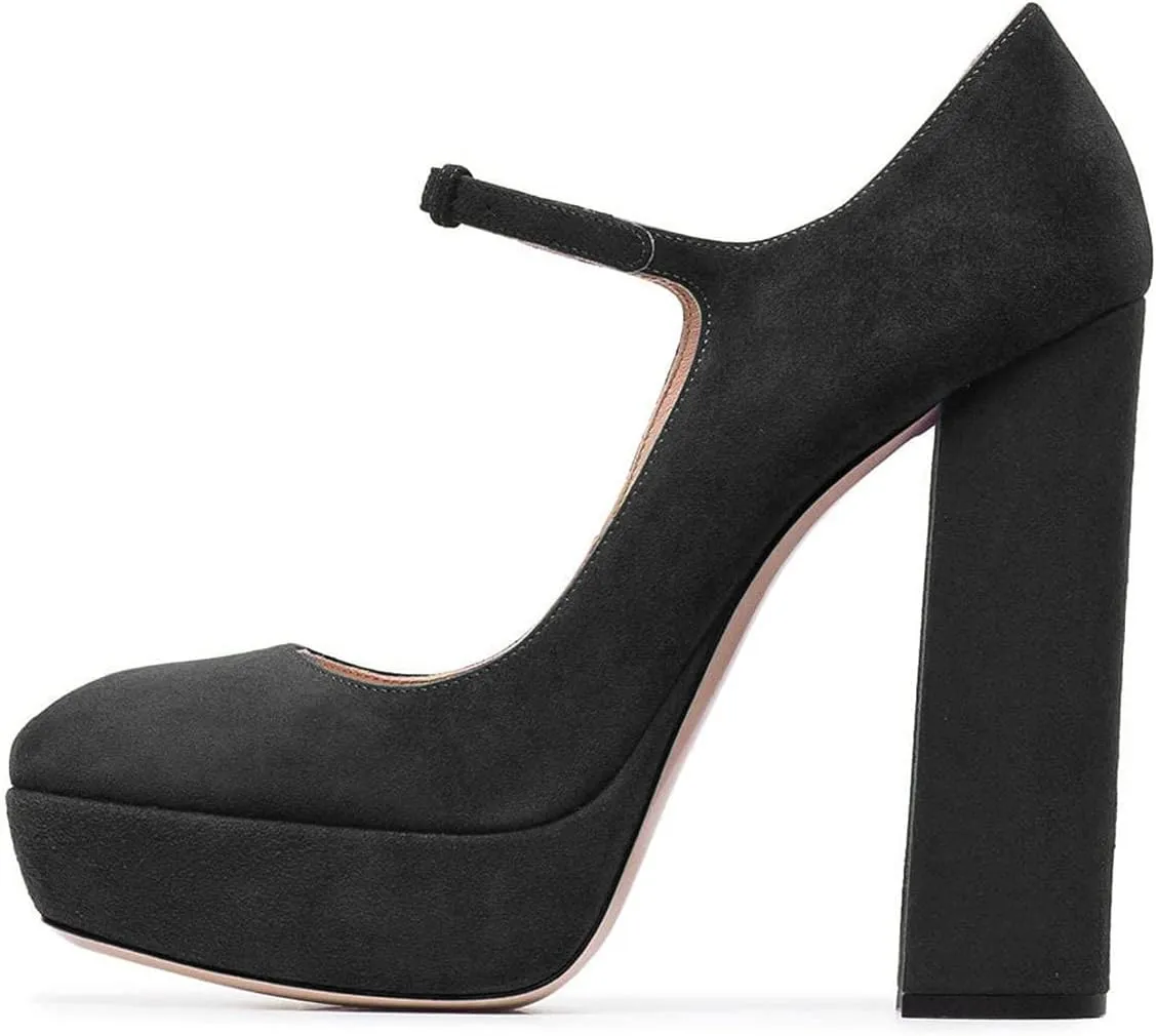 YDN Women Chunky High Heel Mary Jane Closed Almond Toe Pumps Platform Straps Dress Prom Shoe with Buckle