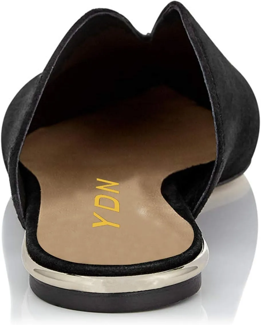 YDN Women V-Cut Pointy Toe Low Heel Mules Slip on Loafers Flats Sandals Suede Sliper Shoes