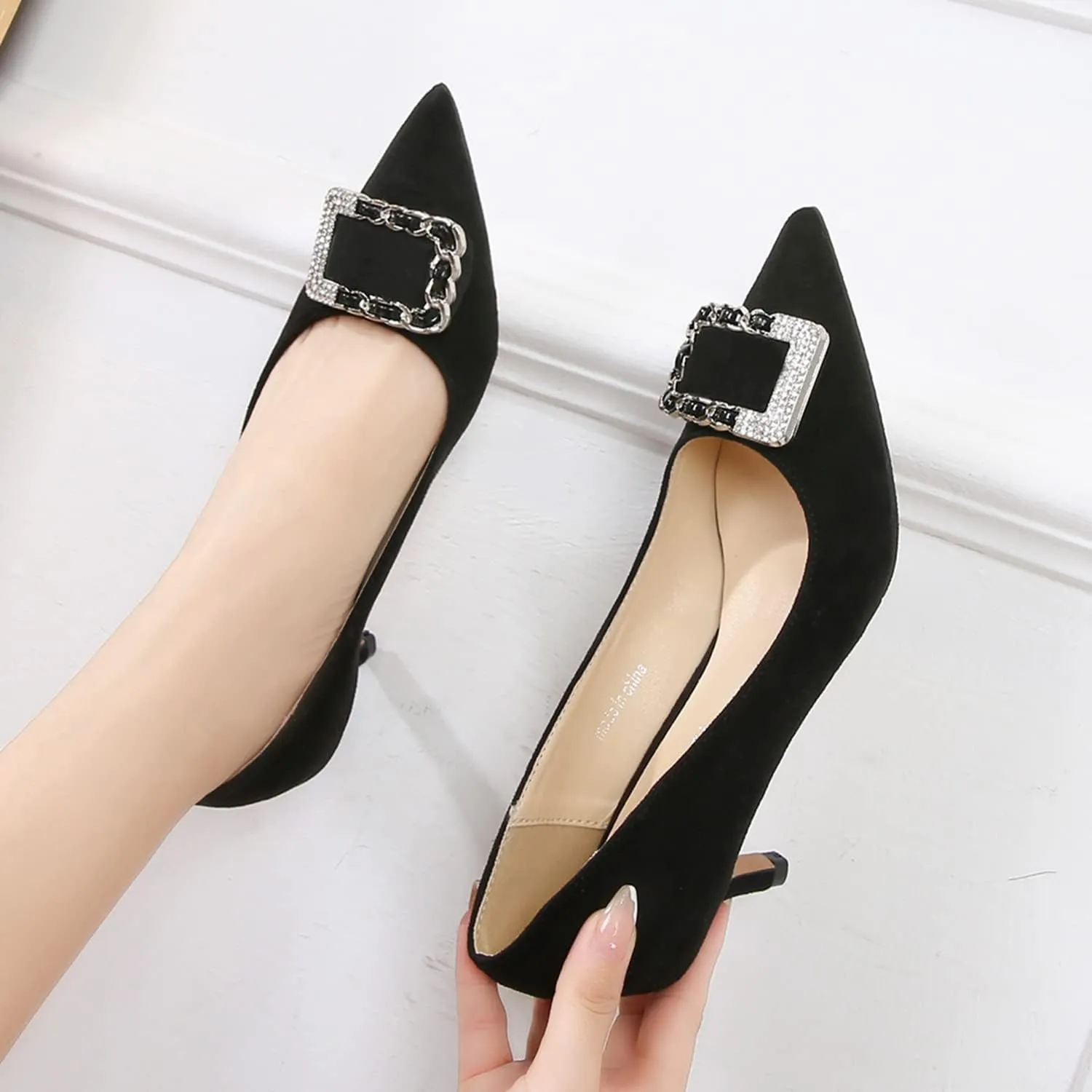 YHTootW Women's Classic Suede Pointed Toe Kitten Heels Slim Slip on High Heel Pumps with Big Metal Rhinestone Square Buckle Office Work Dress Shoes Low Heels