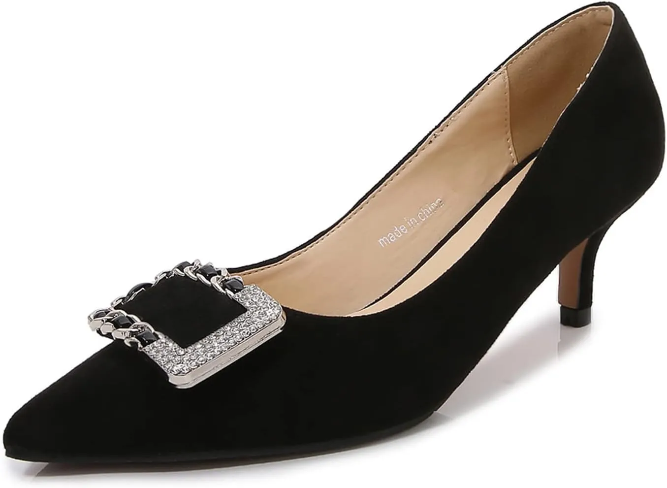 YHTootW Women's Classic Suede Pointed Toe Kitten Heels Slim Slip on High Heel Pumps with Big Metal Rhinestone Square Buckle Office Work Dress Shoes Low Heels