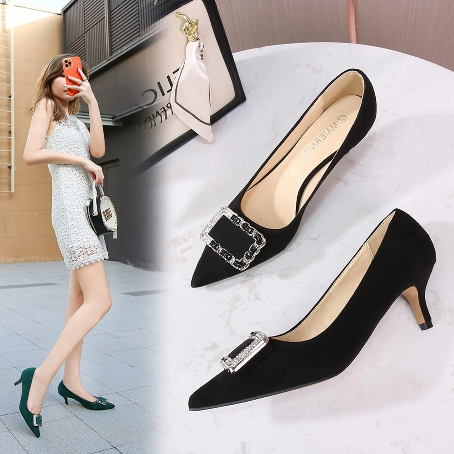 YHTootW Women's Classic Suede Pointed Toe Kitten Heels Slim Slip on High Heel Pumps with Big Metal Rhinestone Square Buckle Office Work Dress Shoes Low Heels