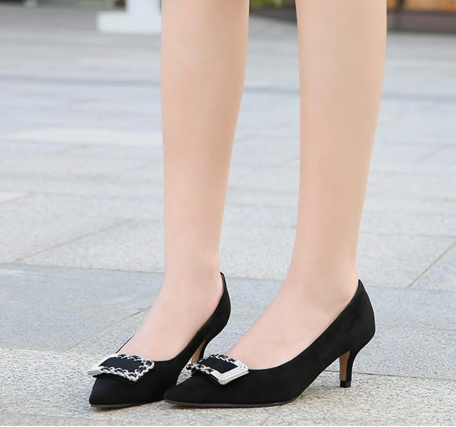 YHTootW Women's Classic Suede Pointed Toe Kitten Heels Slim Slip on High Heel Pumps with Big Metal Rhinestone Square Buckle Office Work Dress Shoes Low Heels