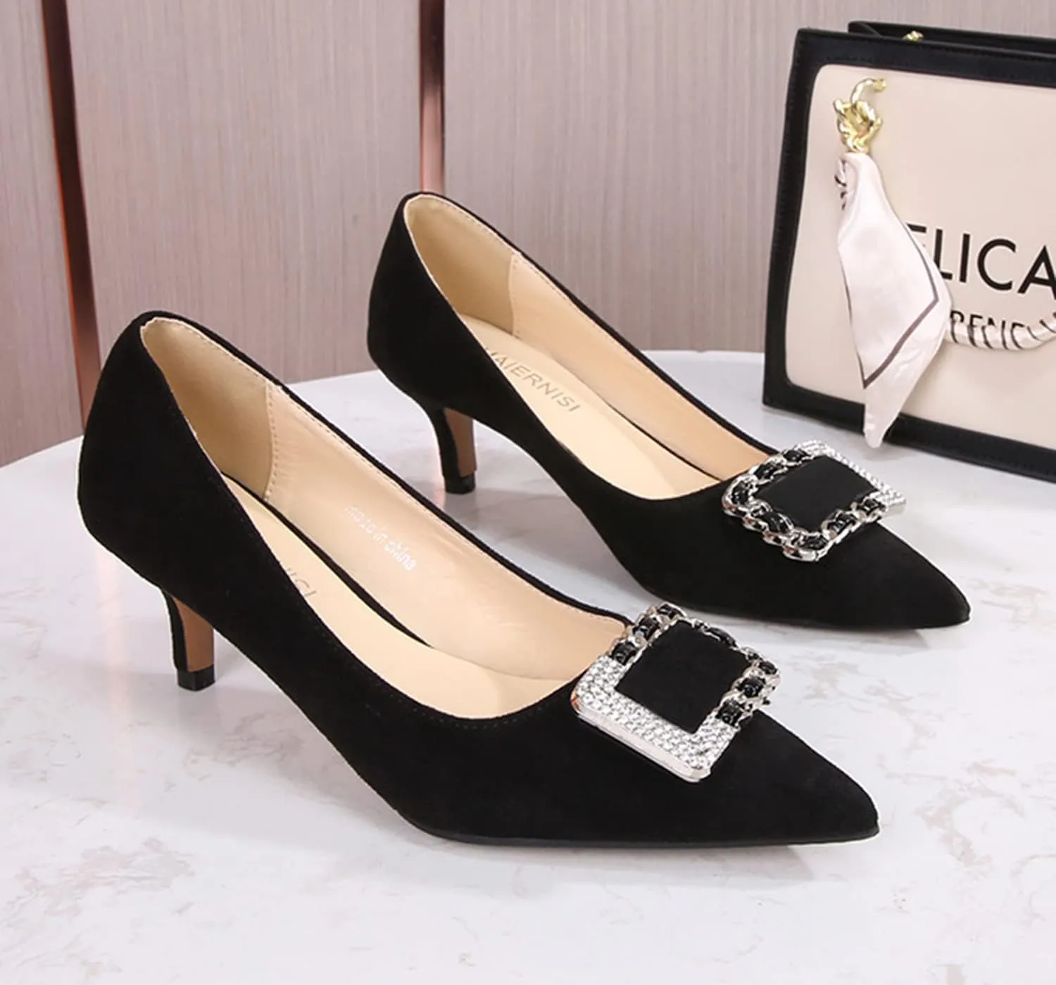 YHTootW Women's Classic Suede Pointed Toe Kitten Heels Slim Slip on High Heel Pumps with Big Metal Rhinestone Square Buckle Office Work Dress Shoes Low Heels